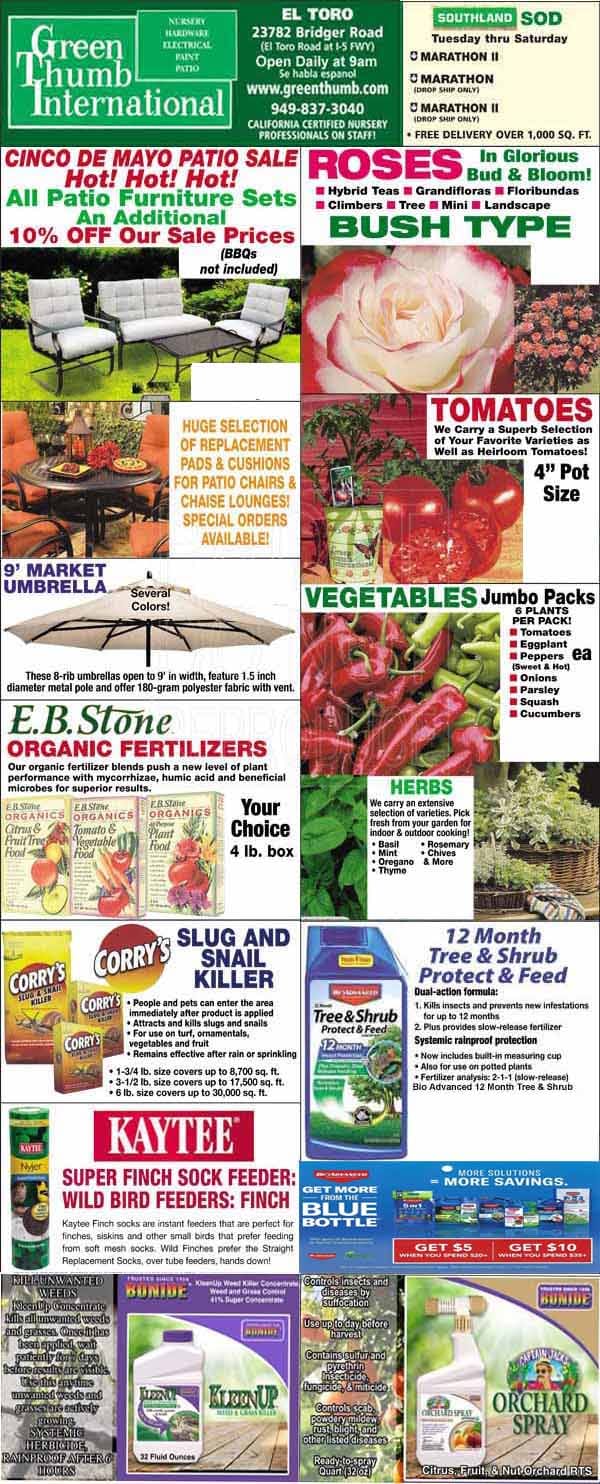 Green Thumb International ad featuring sales on roses, patio furniture, tomatoes, organic fertilizers, herb plants, weed killers, and plant food, with store locations and contact details.