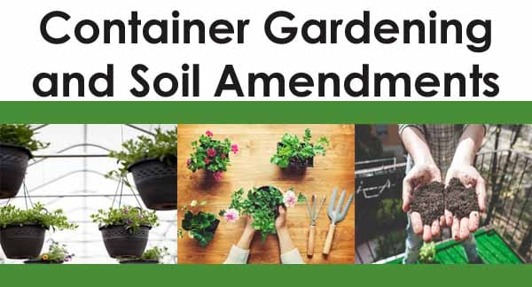 Three images show hanging potted plants, hands arranging plants in pots with gardening tools, and hands holding soil, with the text "Container Gardening and Soil Amendments" above.