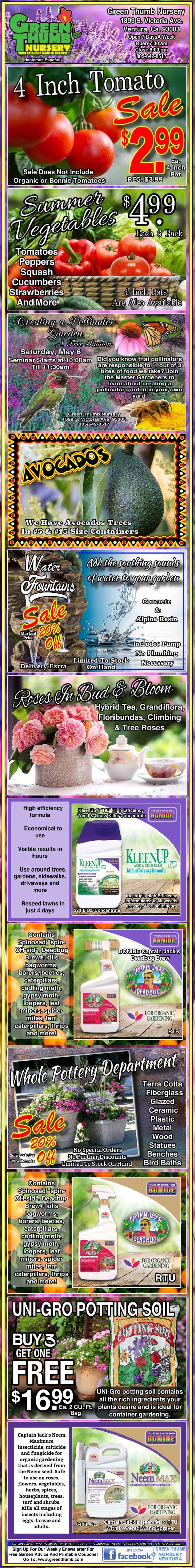 Colorful advertisement for gardening products, featuring tomato and avocado plants, roses, fertilizers, potting soil, and special offers with prices and discounts in bold text.