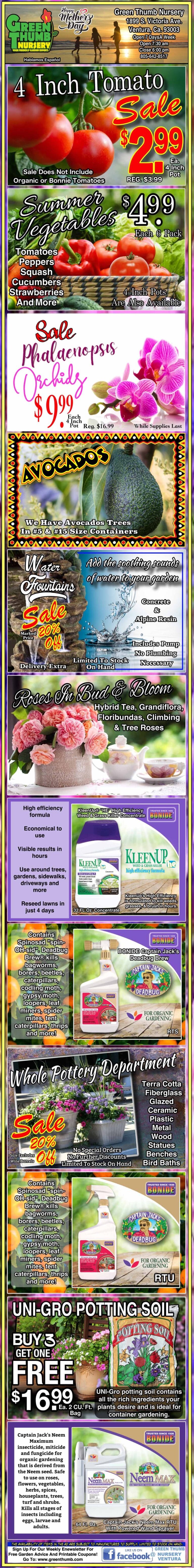 Colorful garden center ad featuring sales on tomato plants, hanging baskets, avocados, fertilizer, peppermint, potting soil, and other gardening products with prices and descriptions.