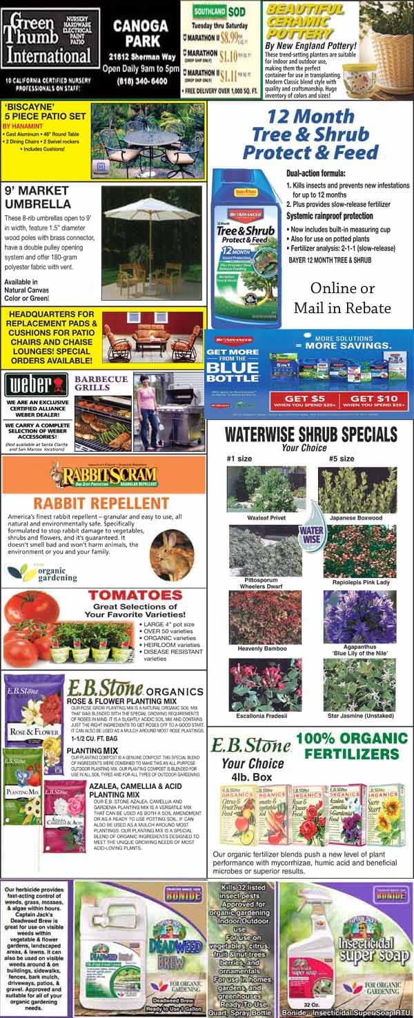 A collage of garden center ads featuring products like trees, fertilizers, rabbit repellent, tomato plants, umbrellas, and rebate offers, along with business contact information.