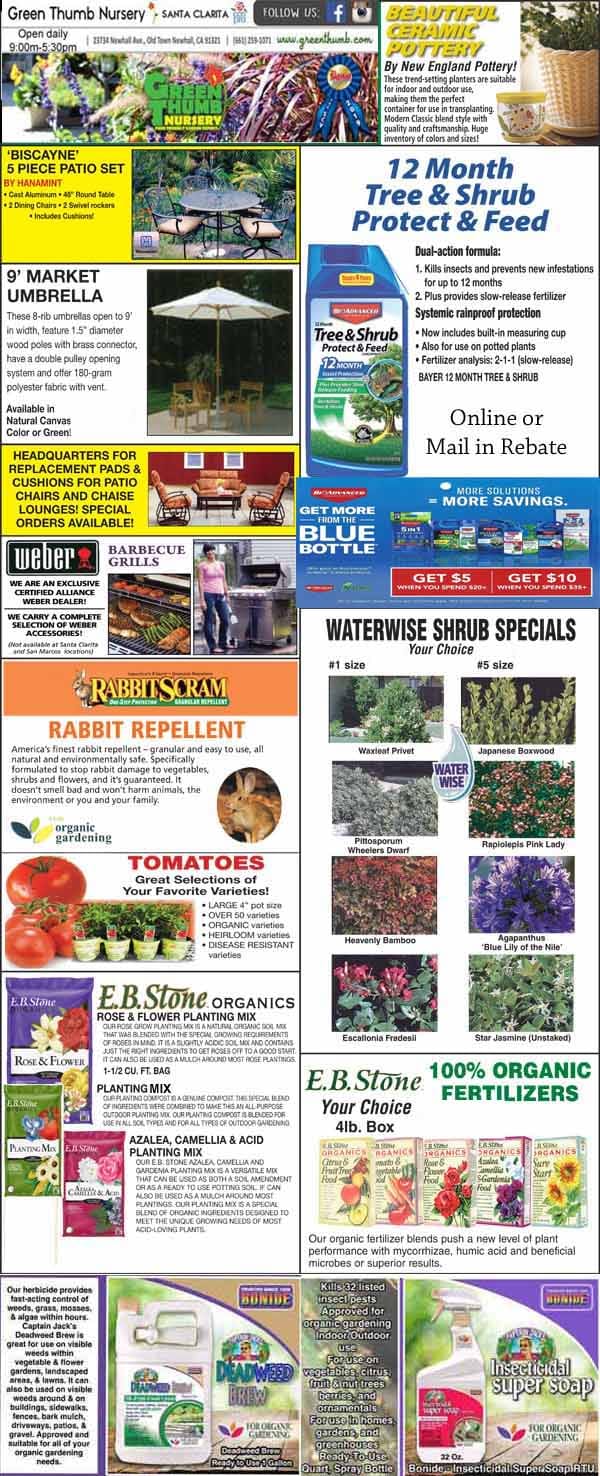 A promotional flyer featuring gardening supplies, fertilizers, pest repellents, plant foods, and nursery specials with product images, prices, and descriptions arranged in multiple sections.