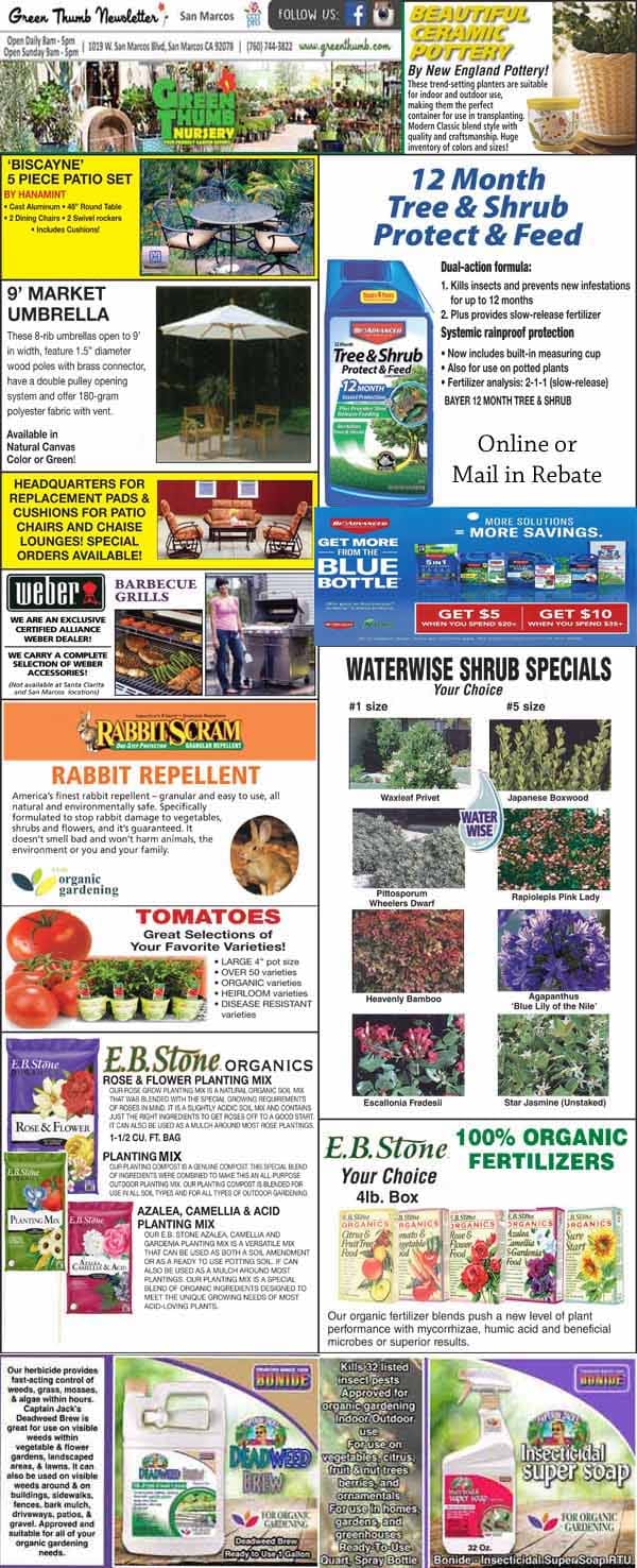 A garden center newsletter page with various ads for plant products, fertilizers, pest repellents, tomato plants, sales specials, and information about organic gardening supplies.