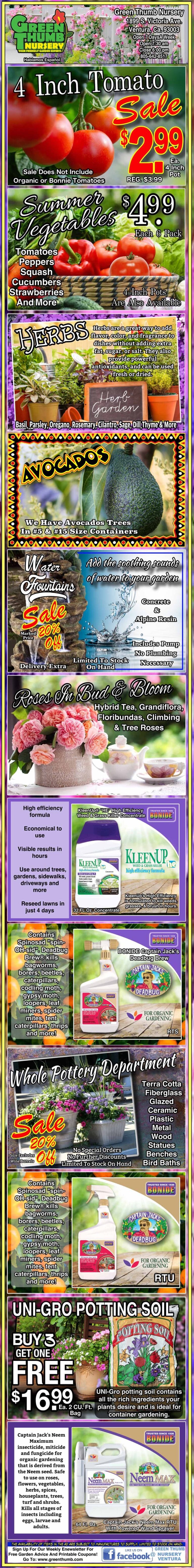 Colorful vertical flyer advertising various plants, gardening products, and sale prices, including tomatoes, avocados, blooms, soil, and fertilizer, with promotions and store information.