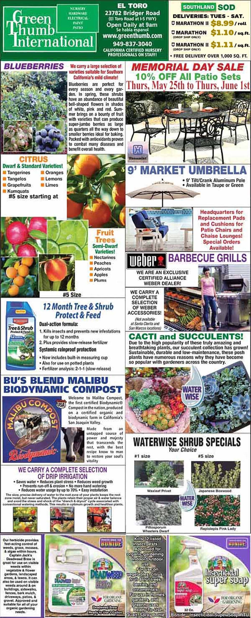 A garden center flyer featuring plant specials, compost, fruit trees, market umbrellas, barbecue grills, and Memorial Day Sale deals with descriptions and prices.