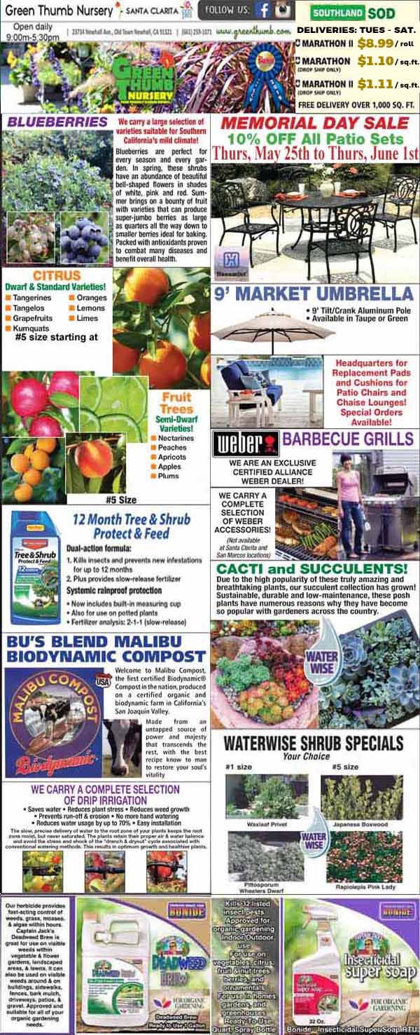 A store flyer displays sales on plants, sod, compost, trees, shrubs, fruit bushes, garden supplies, and barbecue grills with colorful photos and product details.