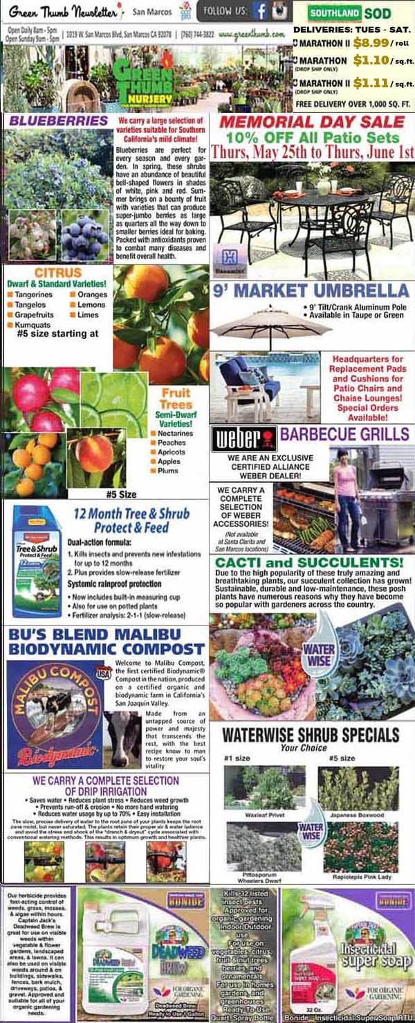 A garden center flyer featuring sales on blueberries, fruit trees, umbrellas, barbecue grills, compost, sod, waterwise shrubs, and Memorial Day specials with prices and product images.