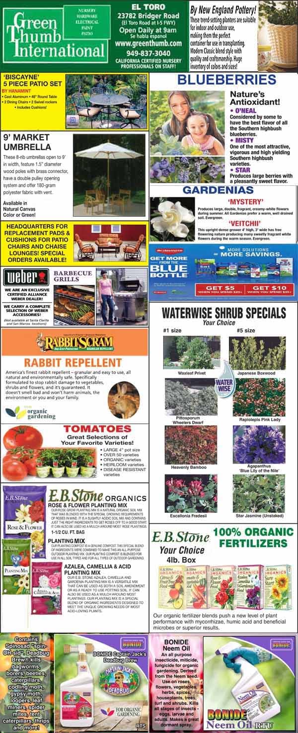 A garden supply store flyer featuring plant specials, fertilizers, tomato plants, rabbit repellent, patio umbrellas, and gardening products with images and prices throughout.