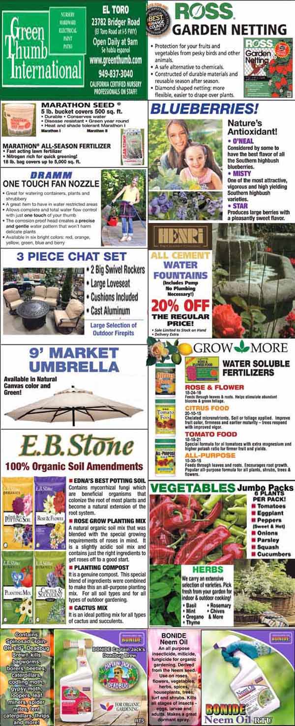 A garden supply store flyer with ads for fertilizers, garden netting, blueberries, soil amendments, vegetable plants, a nozzle set, and a large patio umbrella.