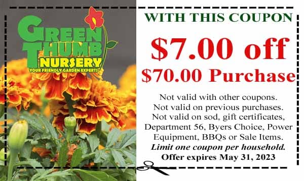 Coupon for $7 off a $70 purchase at Green Thumb Nursery with exclusions listed; limit one per household, expires May 31, 2023. Orange marigold flowers pictured.