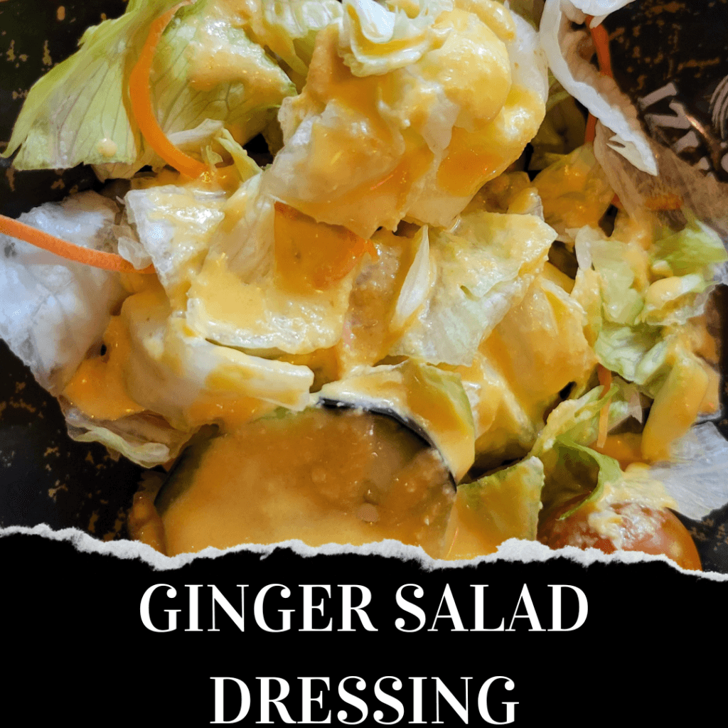 Close-up of a salad with iceberg lettuce, carrot, cucumber, and orange ginger dressing, with the text "Ginger Salad Dressing" at the bottom.