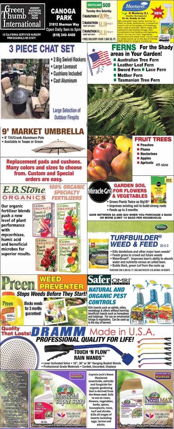 A garden center flyer features promotions for outdoor furniture, plants, gardening supplies, soil, mulch, weed preventers, and lawn care products, with colorful images and varied text boxes.
