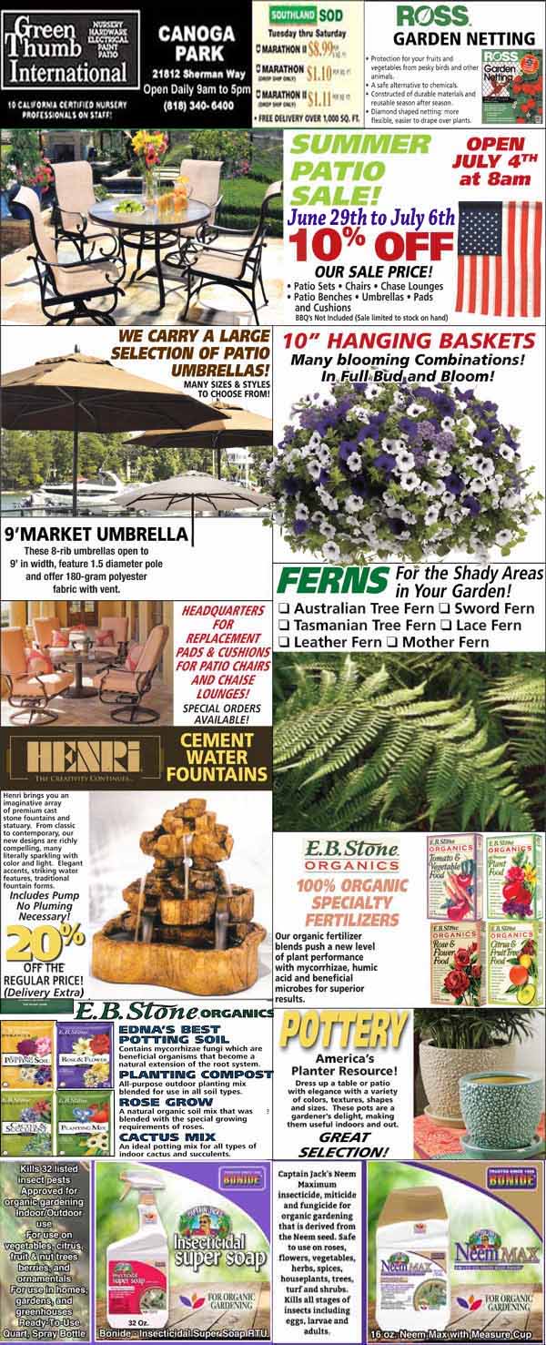 A garden center flyer featuring ads for umbrellas, plants, fountains, pottery, soil, fertilizers, hanging baskets, garden netting, and sale details for summer gardening supplies.