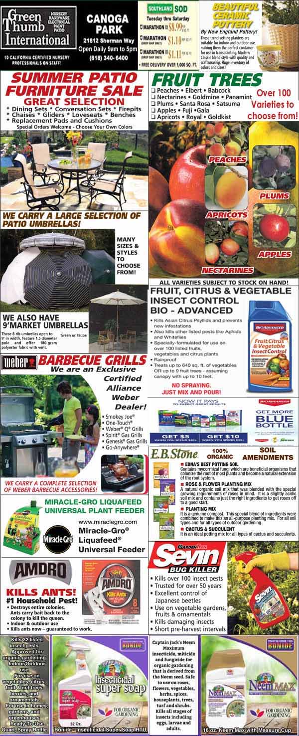 Collage-style ad featuring patio furniture, fruit trees, gardening products, pest control, and barbecue grills from Green Thumb International nursery.