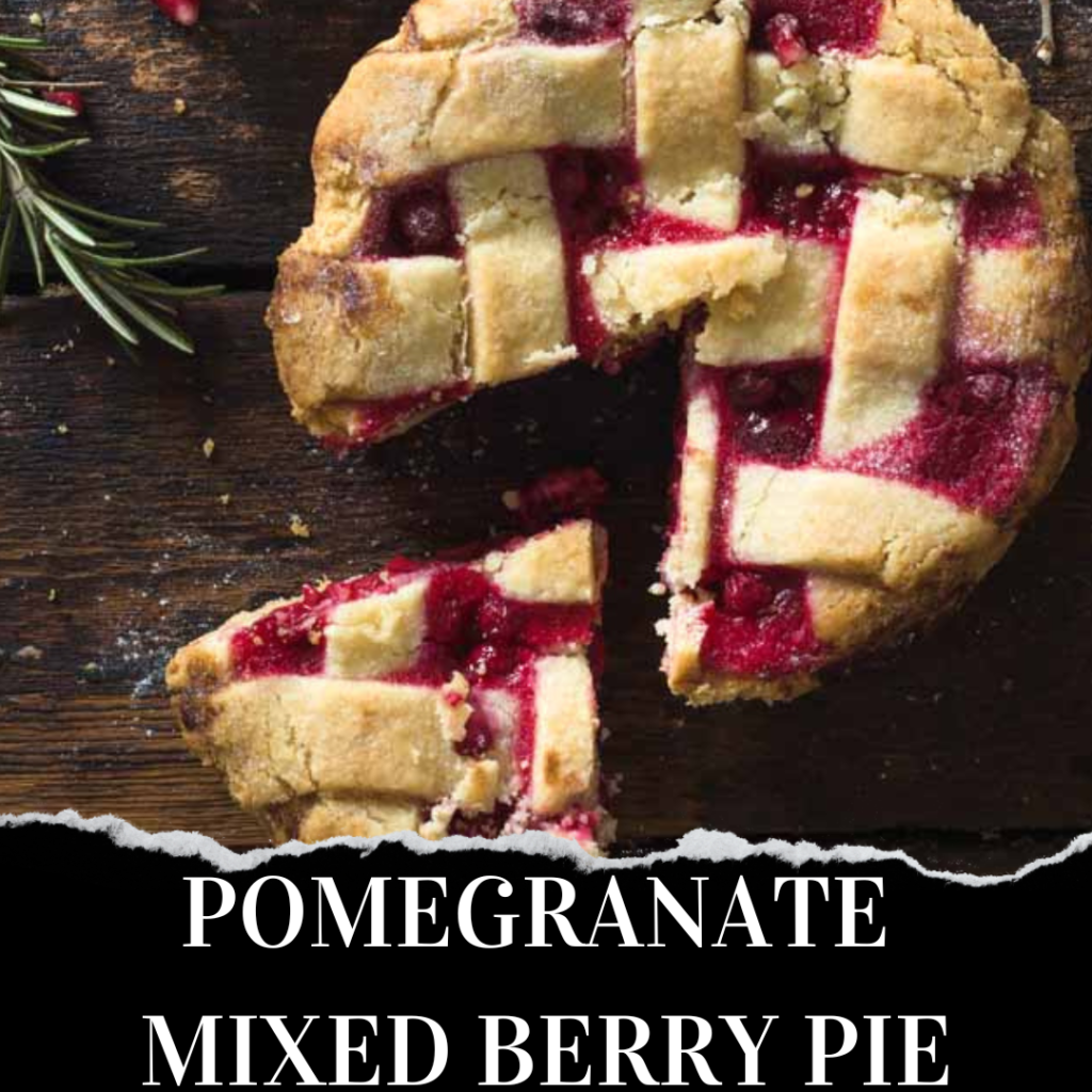 A lattice-topped pie with a slice removed, showing a red pomegranate and mixed berry filling on a dark wooden surface, garnished with rosemary.