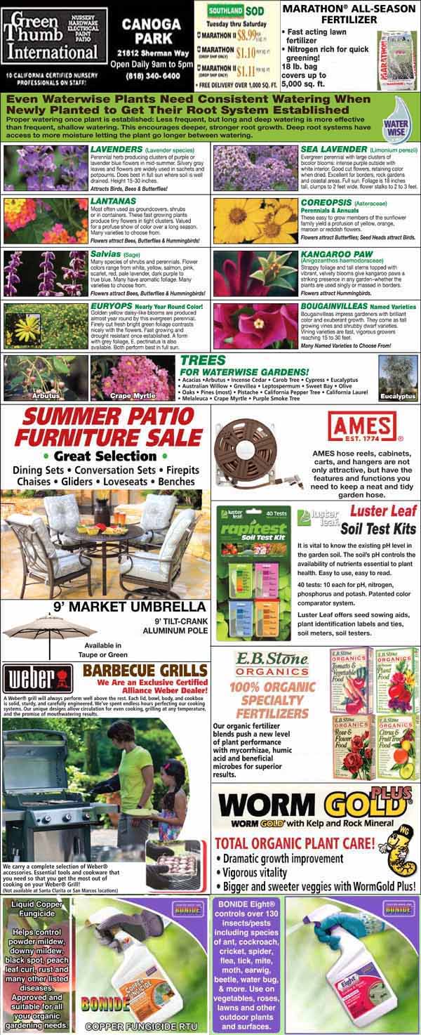Garden center advertisement featuring various flowers, patio furniture, soil test kits, barbecue grills, fertilizer, worm castings, and pest control products with prices and promotions.
