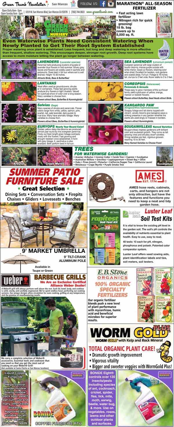 A garden newsletter page with plant photos, gardening tips, ads for patio furniture, barbecue grills, soil test kits, and organic plant care products.