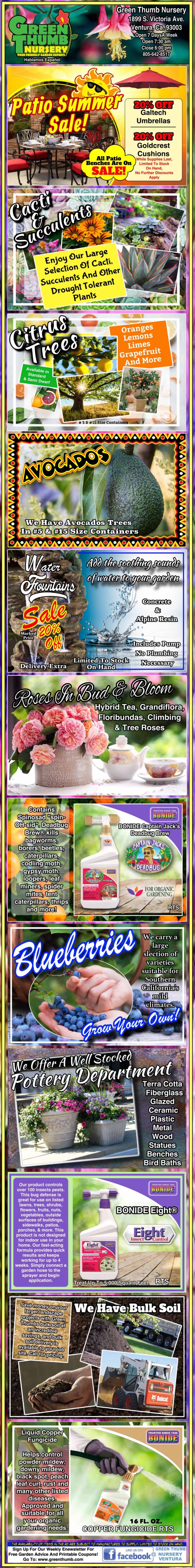 Colorful promotional flyer featuring various fruits, plants, and gardening products, with highlighted deals, images of produce, and detailed text descriptions for each item.