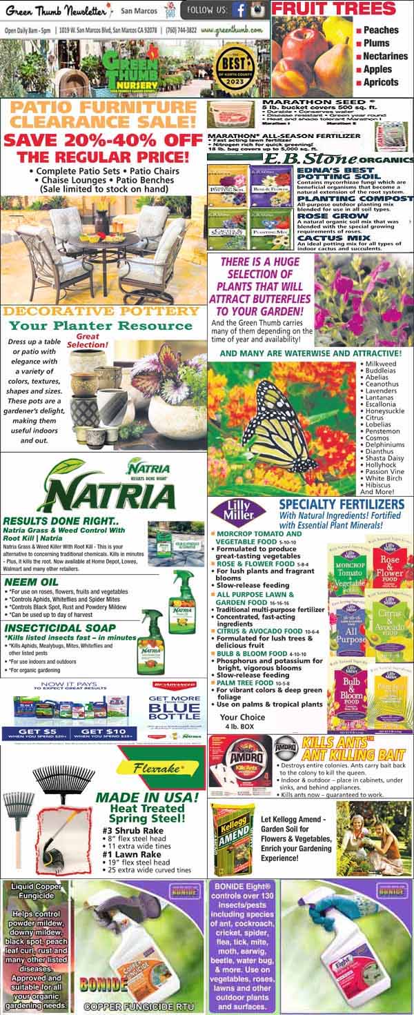 Garden center newsletter featuring patio furniture sale, fruit tree varieties, fertilizers, insect control products, gardening tools, pollinator plants, and spring planting tips.