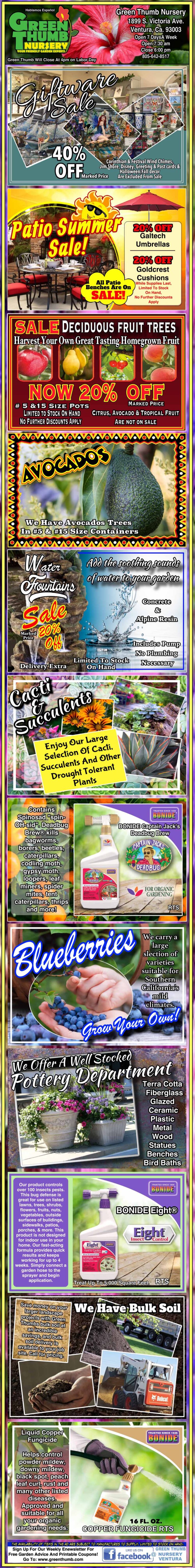 Colorful advertisement displaying various fruit trees, berry plants, sale promotions, care tips, and gardening products at TriStar Plants.