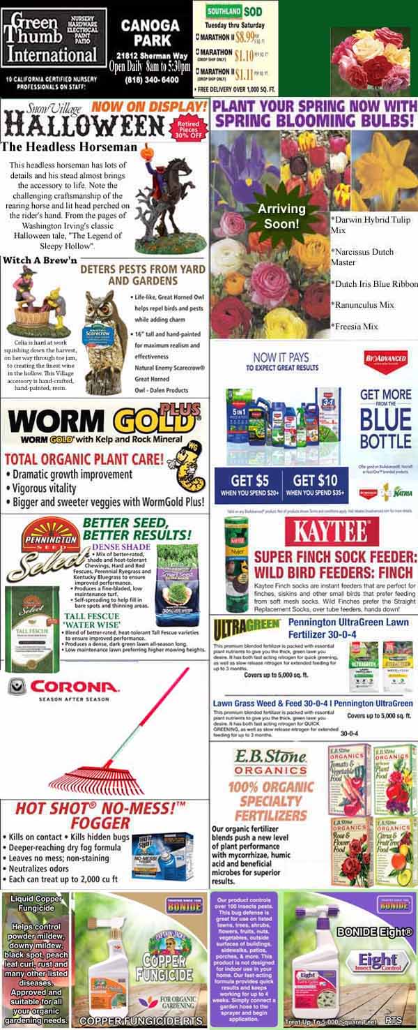 A collage of advertisements for garden products and services, including lawn care, bulbs, pest deterrents, fertilizers, garden tools, and seasonal sales at Green Thumb International.