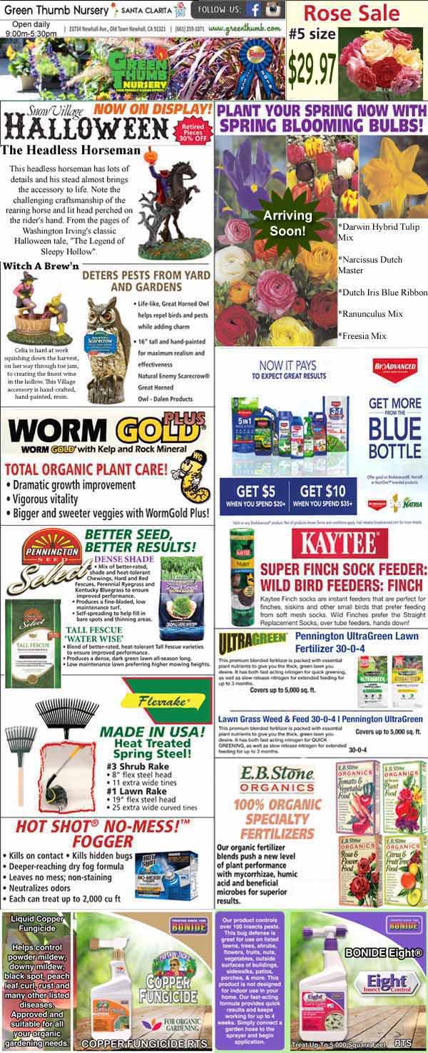 Collage of gardening and lawn care ads, featuring product images and descriptions, promotional offers, and seasonal plant suggestions for spring and Halloween.