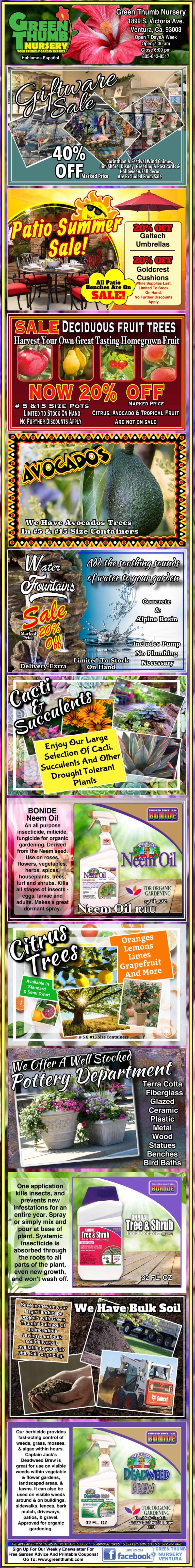 Colorful vertical flyer advertising discounts on succulents, fruit trees, tropical plants, fertilizers, pesticides, and gardening supplies, with various bold text and product images.