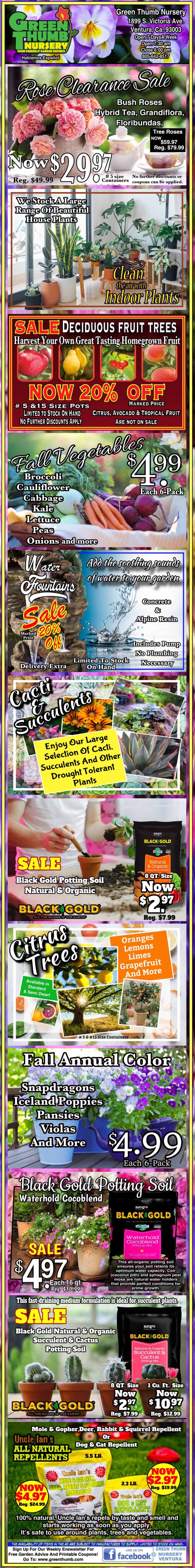 A colorful, vertical collage of garden center ads features sales on plants, fruit trees, gardening supplies, soil, and flower bulbs with various prices and promotional offers.