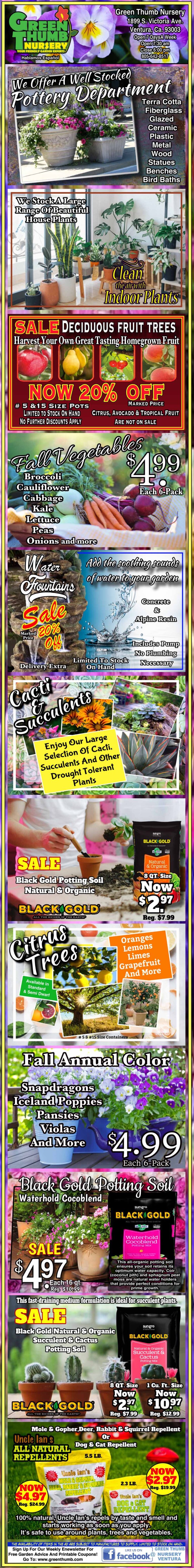 A vertical collage of colorful retail ads for garden products, showcasing flowers, fruit trees, garden furniture, potting soil, and various sales and discounts.