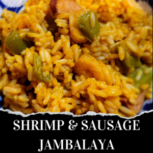 A close-up of shrimp and sausage jambalaya with rice and green bell peppers, overlaid with the text “SHRIMP & SAUSAGE JAMBALAYA.”.