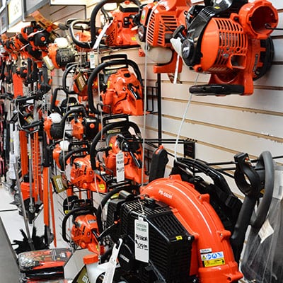 power-tools power tools, leaf blowers, chainsaws and other garden tools on display in a store.