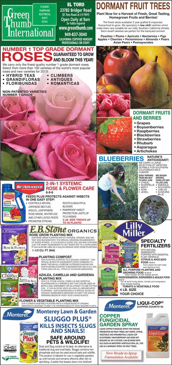 Green Thumb International ad featuring roses, strawberries, blueberries, fruit trees, gardening products, and spring planting information, with images of flowers and fruits.