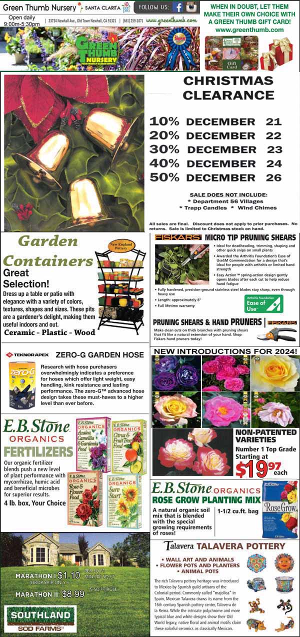 A garden nursery flyer announcing Christmas clearance sales, garden containers, hoses, pruners, fertilizers, rose collections, lawn seed, and pottery, with images of plants and products.