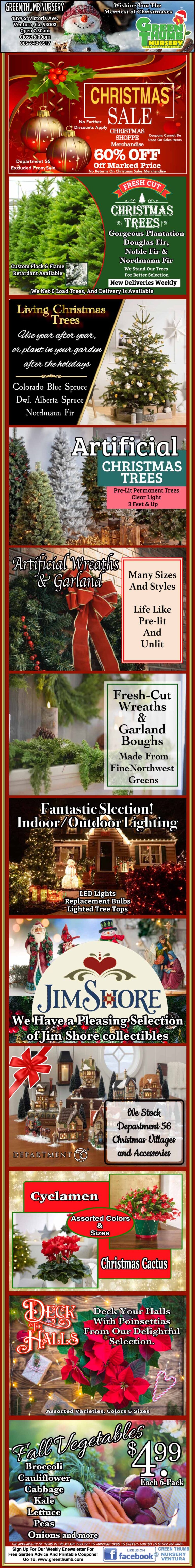 A vertical banner advertises a Christmas sale on trees, wreaths, garlands, houseplants, and poinsettias, featuring festive decorations and plant images.