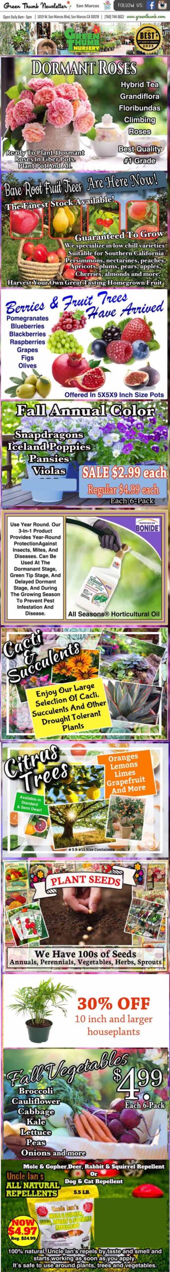Colorful advertisement with photos of roses, fruit trees, garden supplies, and discounts; promotes dormant roses, fruit trees, fertilizers, and a 30% off sale at Louie's Nursery.