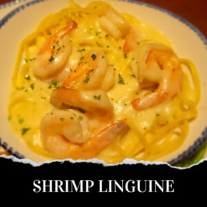 Shrimp linguine in a bowl.