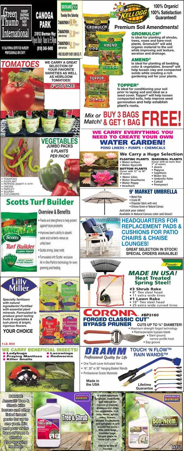 A collage of various garden product advertisements featuring tools, seeds, soil enhancements, and patio umbrellas.