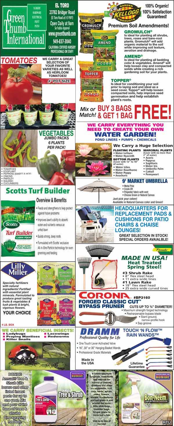 A collage of various gardening and outdoor product advertisements featuring items such as soil, plants, garden tools, patio umbrellas, and grills.