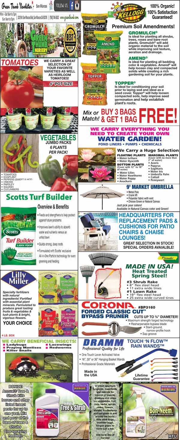 Collage of various gardening product advertisements, featuring seeds, fertilizers, tools, and outdoor equipment with promotional offers and discounts.