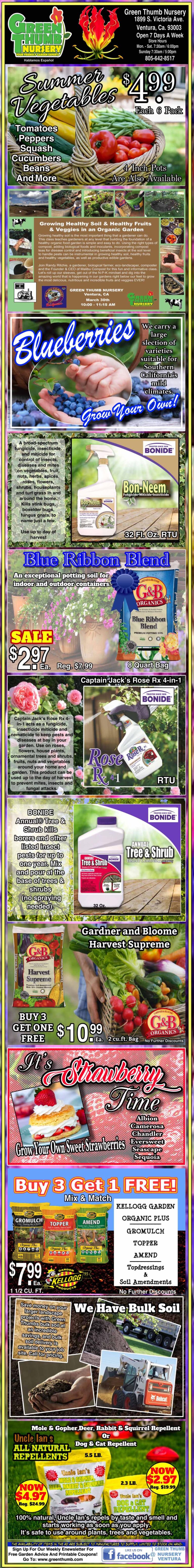 Colorful vertical advertisement for various fruit plants, including blueberry, raspberry, and strawberry bushes, with images, prices, product details, and promotional offers throughout.