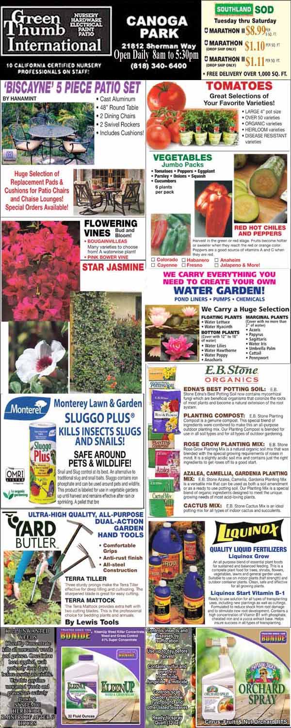 An advertisement collage showcasing various gardening and home improvement products including plants, lawn care items, and fertilizers at a garden center.