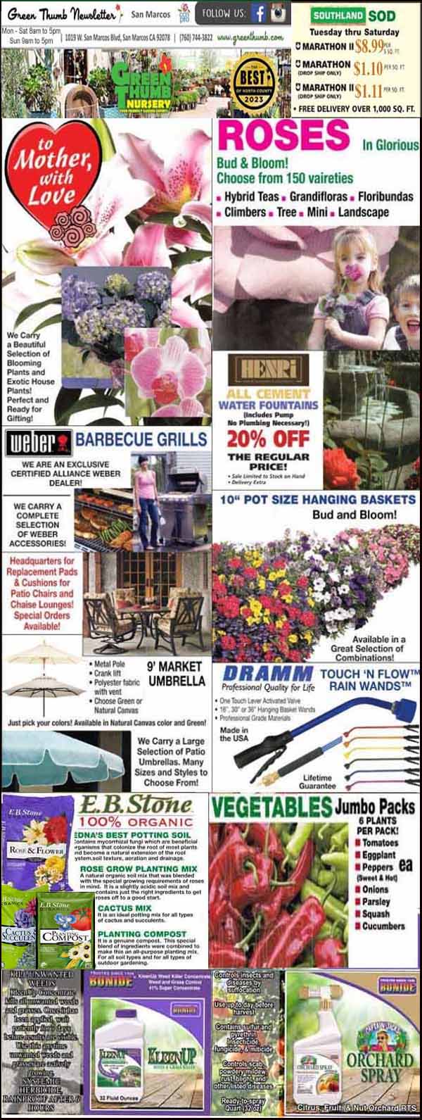 A collage of various gardening adverts featuring plants, tools, and seeds with embedded images of people gardening and enjoying plants.