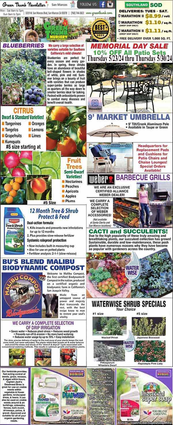 A garden center newsletter featuring Memorial Day Sale details, various plants (blueberries, tomatoes, citrus, succulents), a 9' market umbrella, barbecue grills, and offers for compost and waterwise shrubs.