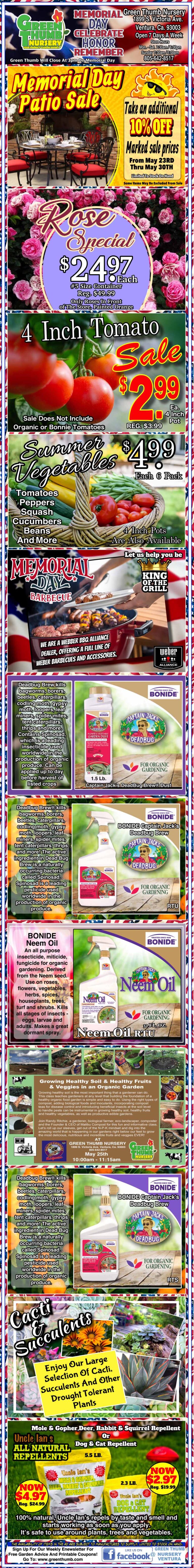 A colorful vertical flyer promoting various garden plants, fertilizers, and pest control products with prices and descriptions. The header highlights a "Mother's Day Sale" and features vibrant flowers.