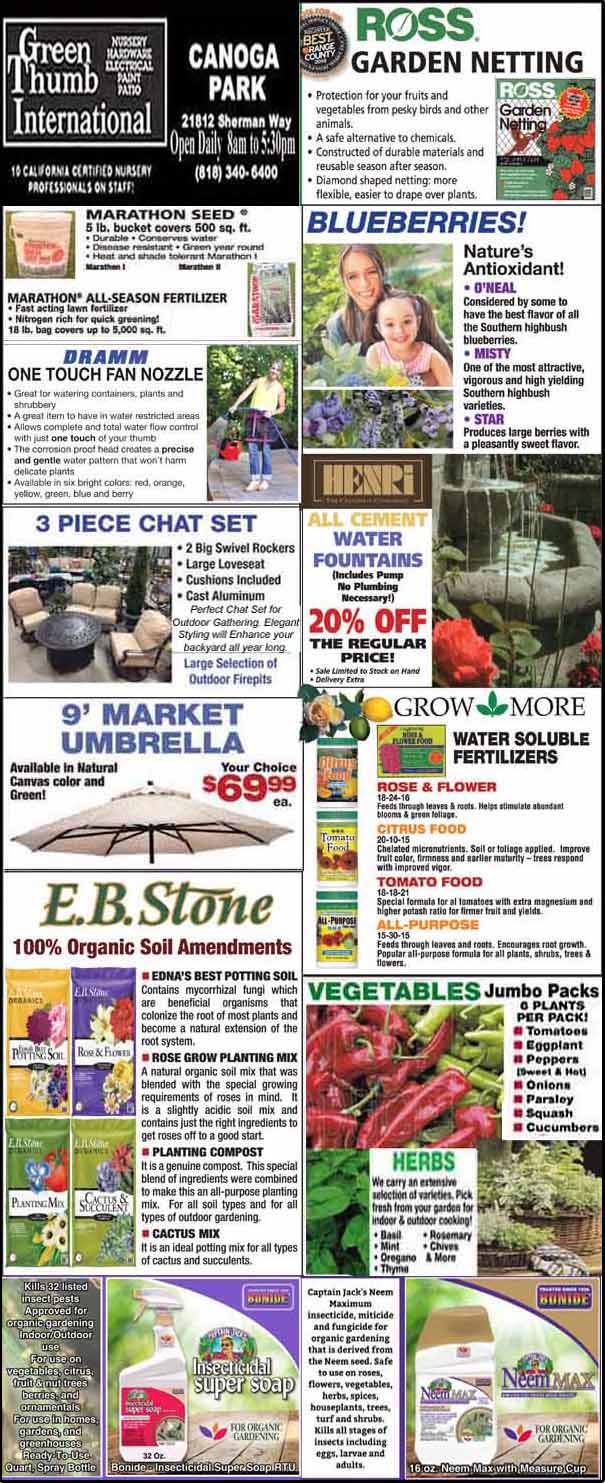 A store ad with various gardening products including soil amendments, garden netting, blueberry plants, water fountains, fertilizers, veggie and herb seeds, and insect repellent. Store location and hours listed.