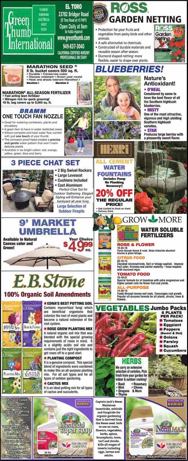 An advertisement flyer featuring gardening products such as fertilizers, soil amendments, garden netting, umbrellas, and various plants including blueberries and vegetables.