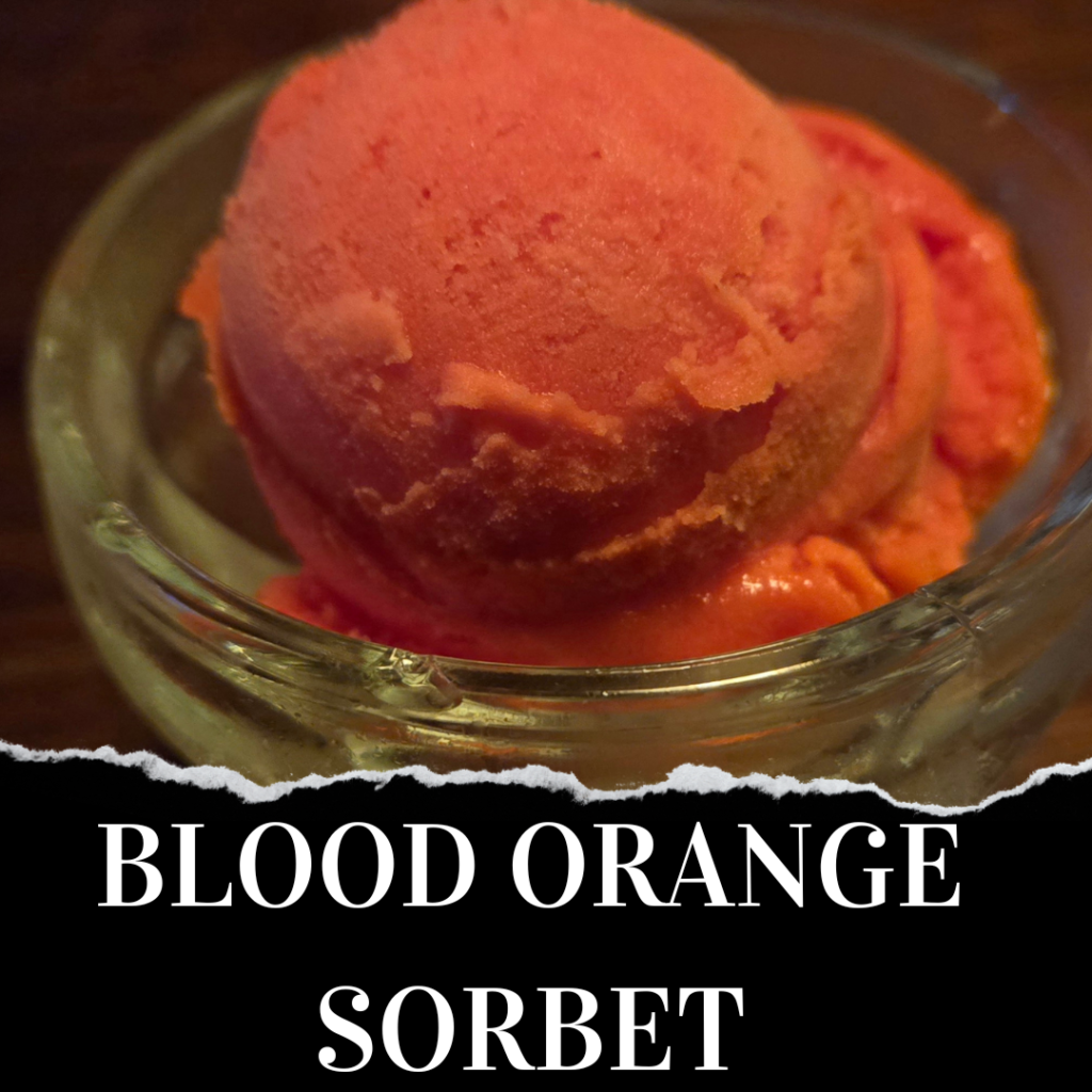 A close-up view of a scoop of blood orange sorbet in a glass bowl. The text "BLOOD ORANGE SORBET" is displayed at the bottom.