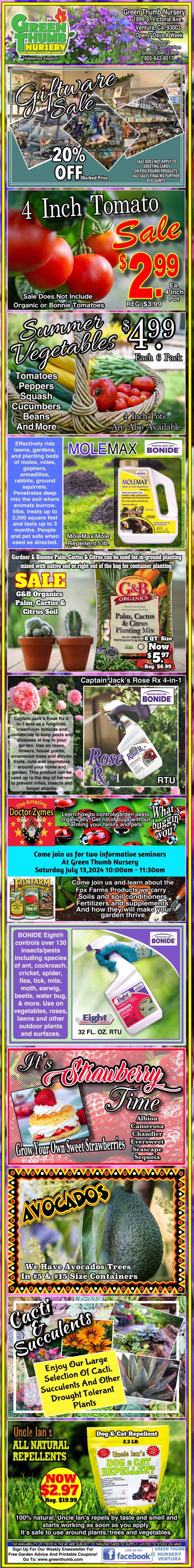 A colorful flyer advertising various garden products and plants, including 4-inch tomato plants on sale for $2.99, mole max, and a grower's delight tomato. It also features images of plants and gardening tools.