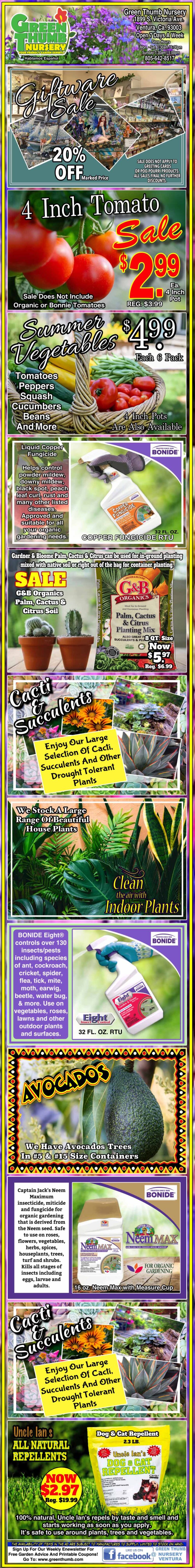 Colorful advertisement for a garden center showcasing various plants, gardening supplies, and special offers, including 4-inch tomato plants for $2.99 and discounted Miracle-Gro products.