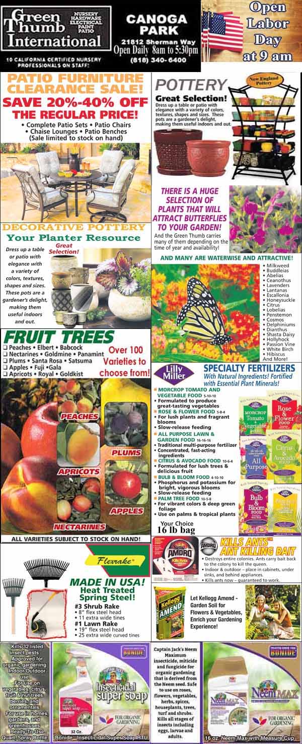 A colorful flyer from Green Thumb International featuring sales on fruit trees, pottery, fertilizers, and more. Includes images and text details about various gardening products and services.